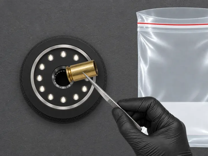 Tweezers placing a brass casing into a round casing scanner beside an evidence bag