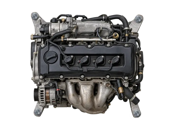 Engine block seen from above with four mount bolts at the corners