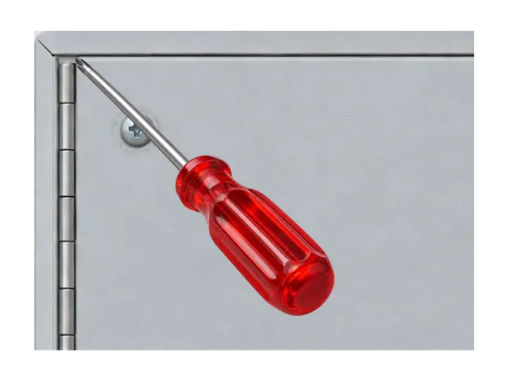 Brushed steel security cabinet door with a cross-head screw