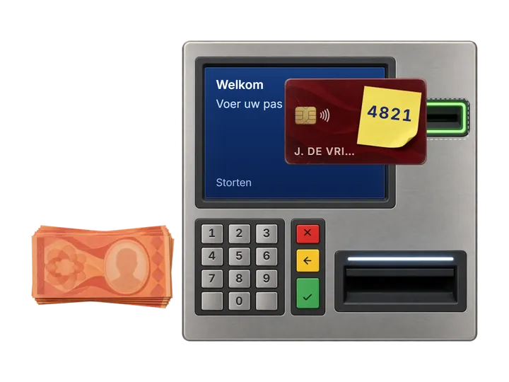 Bank card with a PIN sticky note going into the card reader of an ATM front