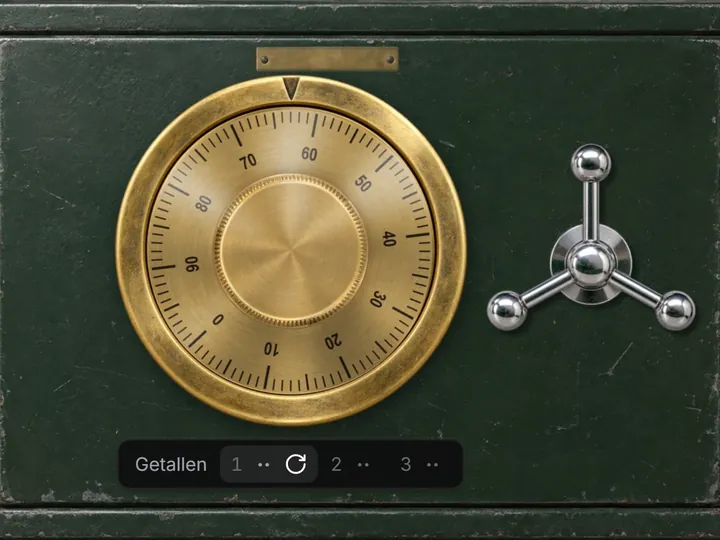 Brass combination dial and three-spoke handle on a green safe door