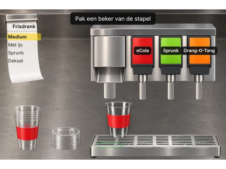 Cup under a soda tap of a three-flavour fountain with an order ticket