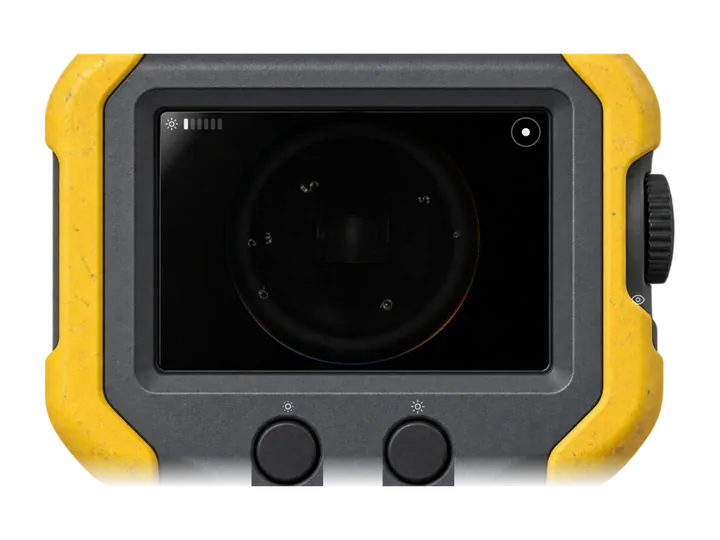Yellow rugged endoscope screen showing a dark lock chamber