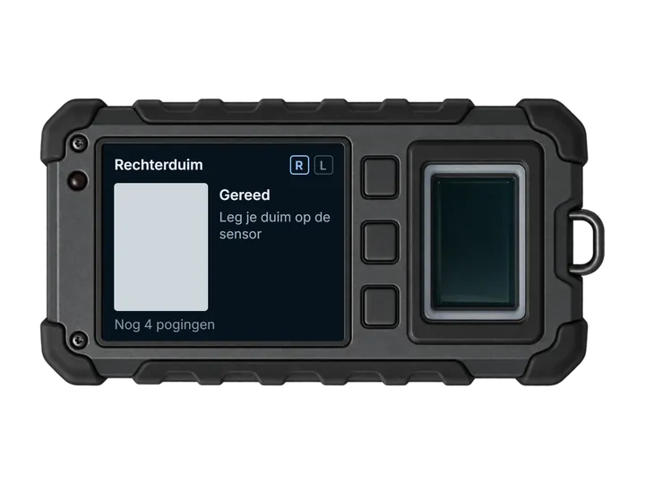 Rugged handheld fingerprint scanner asking for the right thumb