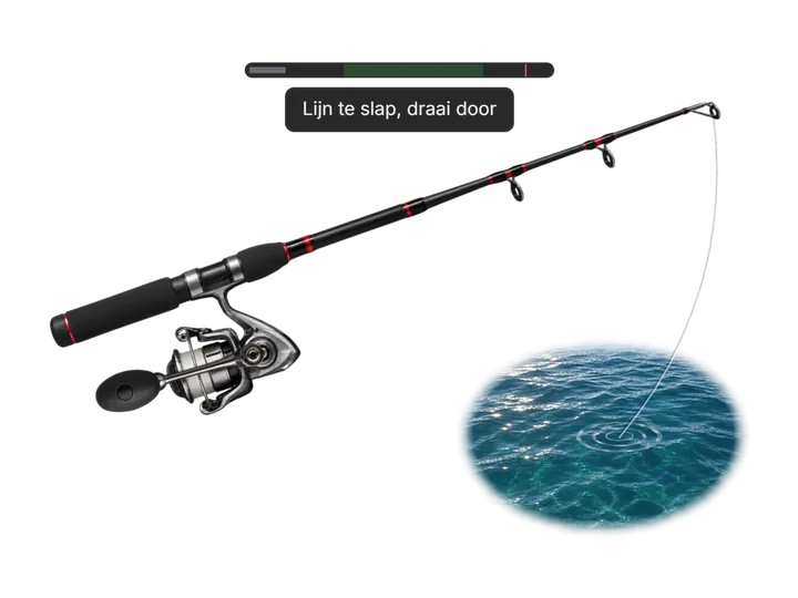 Spinning rod with the line running into a patch of rippling water