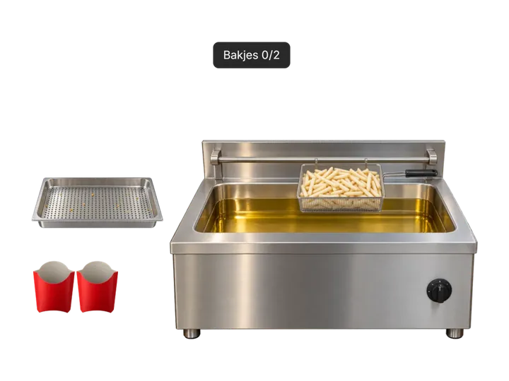 Steel deep fryer with a basket of fries above the oil and empty red cartons