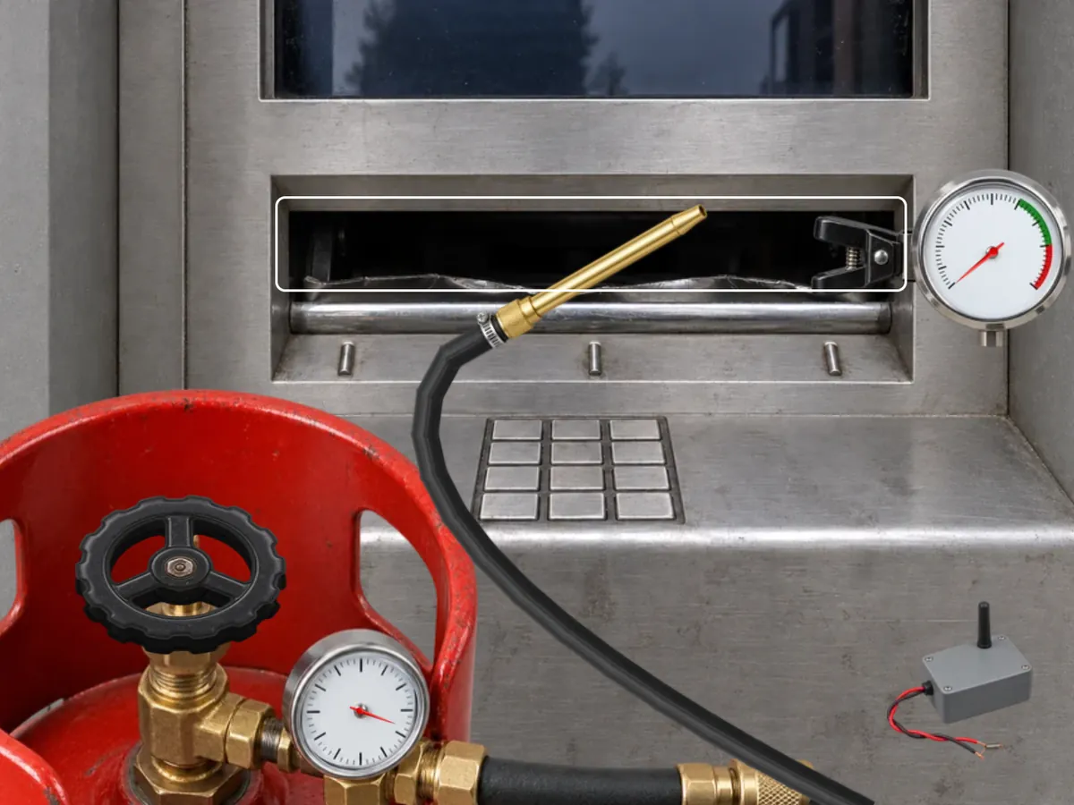 Gas cylinder hose with a brass nozzle reaching into the cash flap of a steel ATM