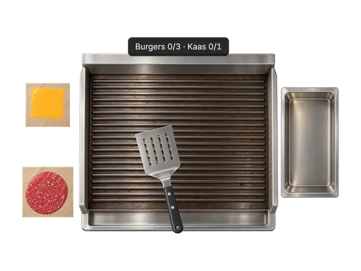 Spatula on a ribbed steel griddle, raw patty and cheese slice on paper beside it