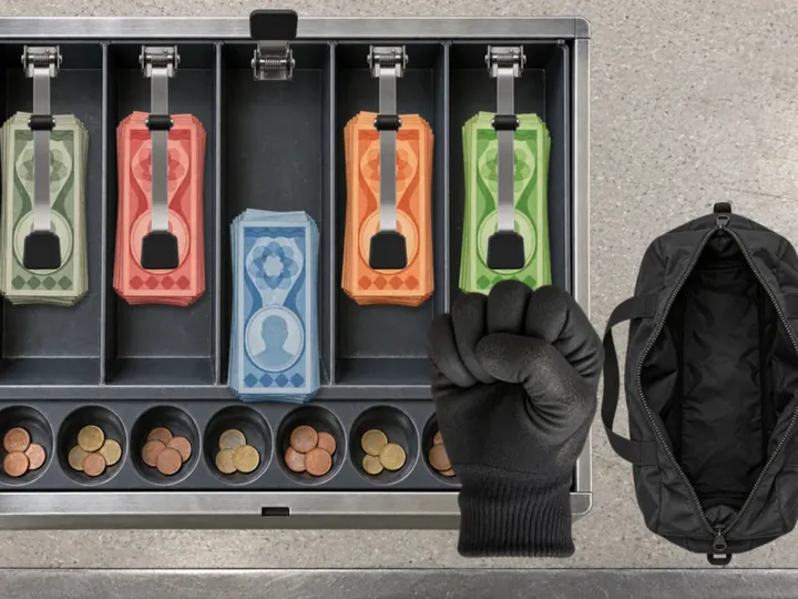 Open cash drawer with coloured note stacks under spring clips, a gloved hand pulling one toward a sports bag
