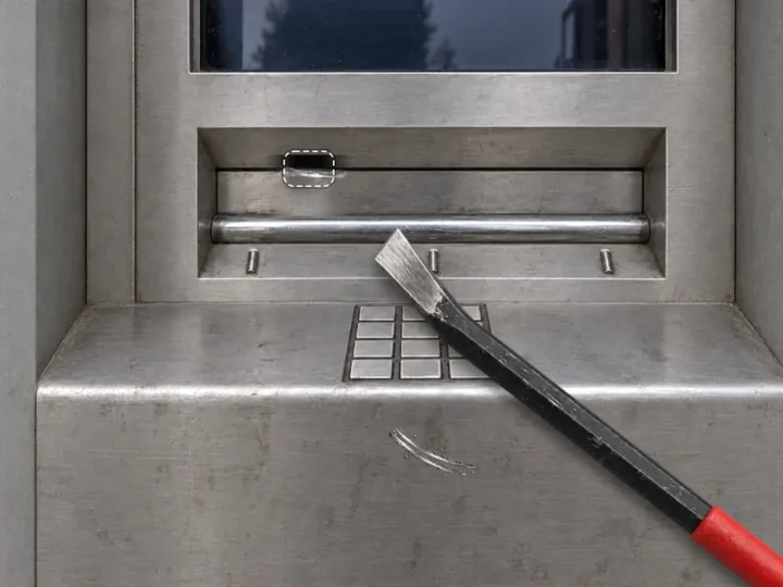 Crowbar moving toward the cash flap gap of a steel ATM