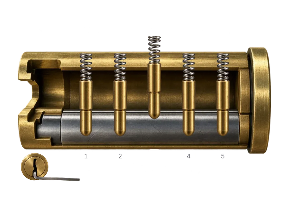 Cut-away brass pin tumbler lock with five spring pins, one pushed up to the shear line