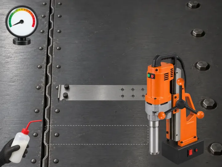 Orange magnetic drill on a riveted vault door, a steel template sliding onto the seam