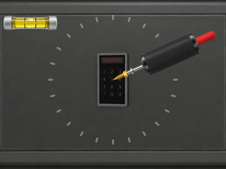 Slide hammer screw tip on a keypad of a deposit box with a spirit level