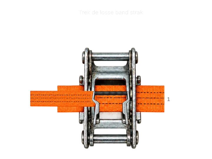 Orange ratchet strap through a steel ratchet buckle
