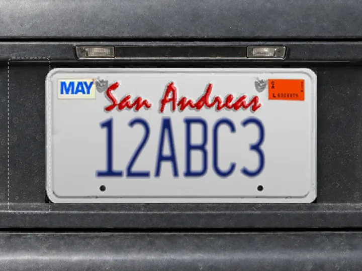San Andreas number plate on a car bumper, ready to be taped over