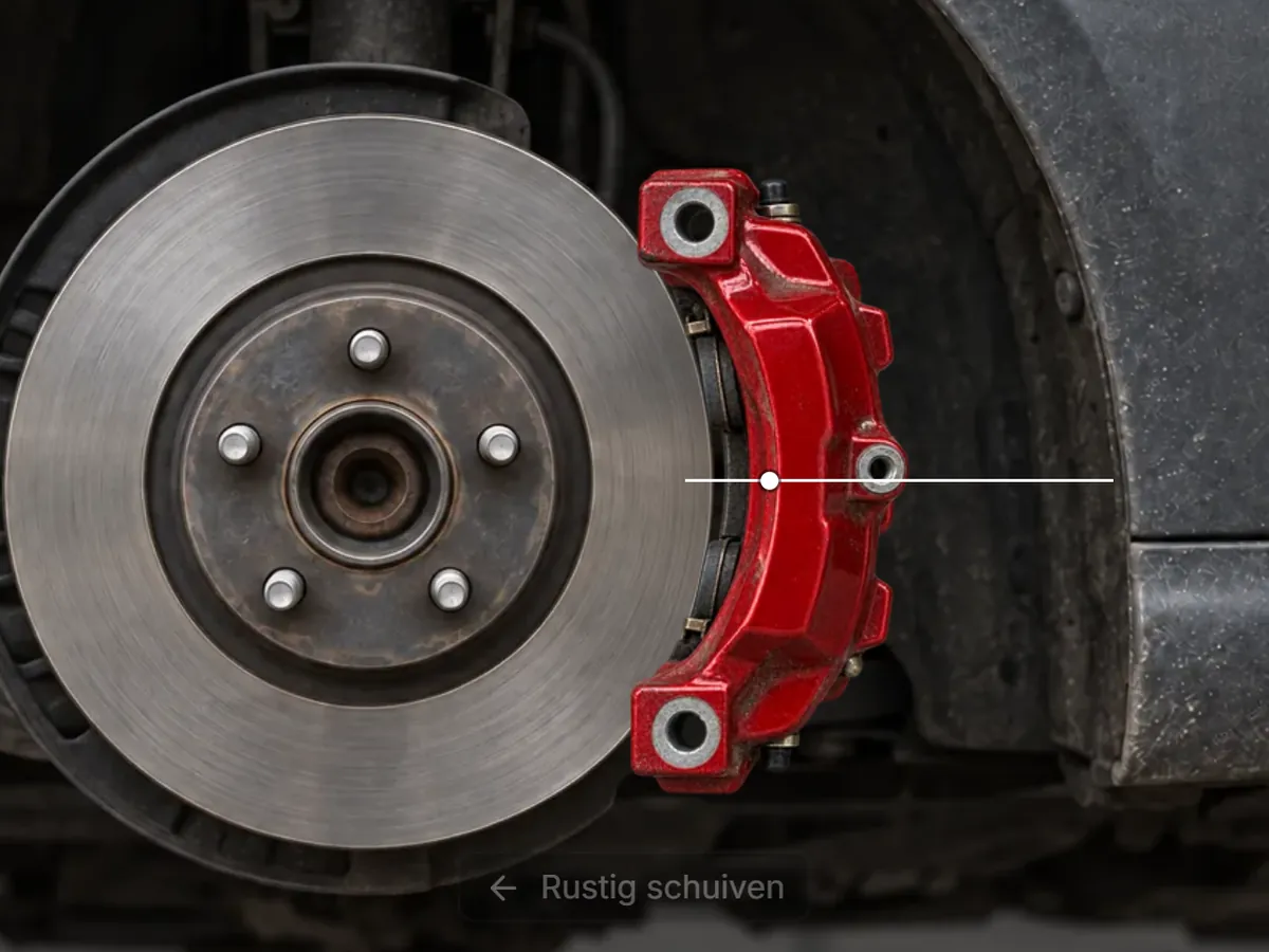 Red brake caliper sliding onto a brake disc along a guide line, car wheel arch behind