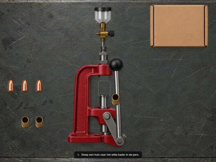 Red reloading press with a brass casing being dragged into its holder, bullets and casings beside it