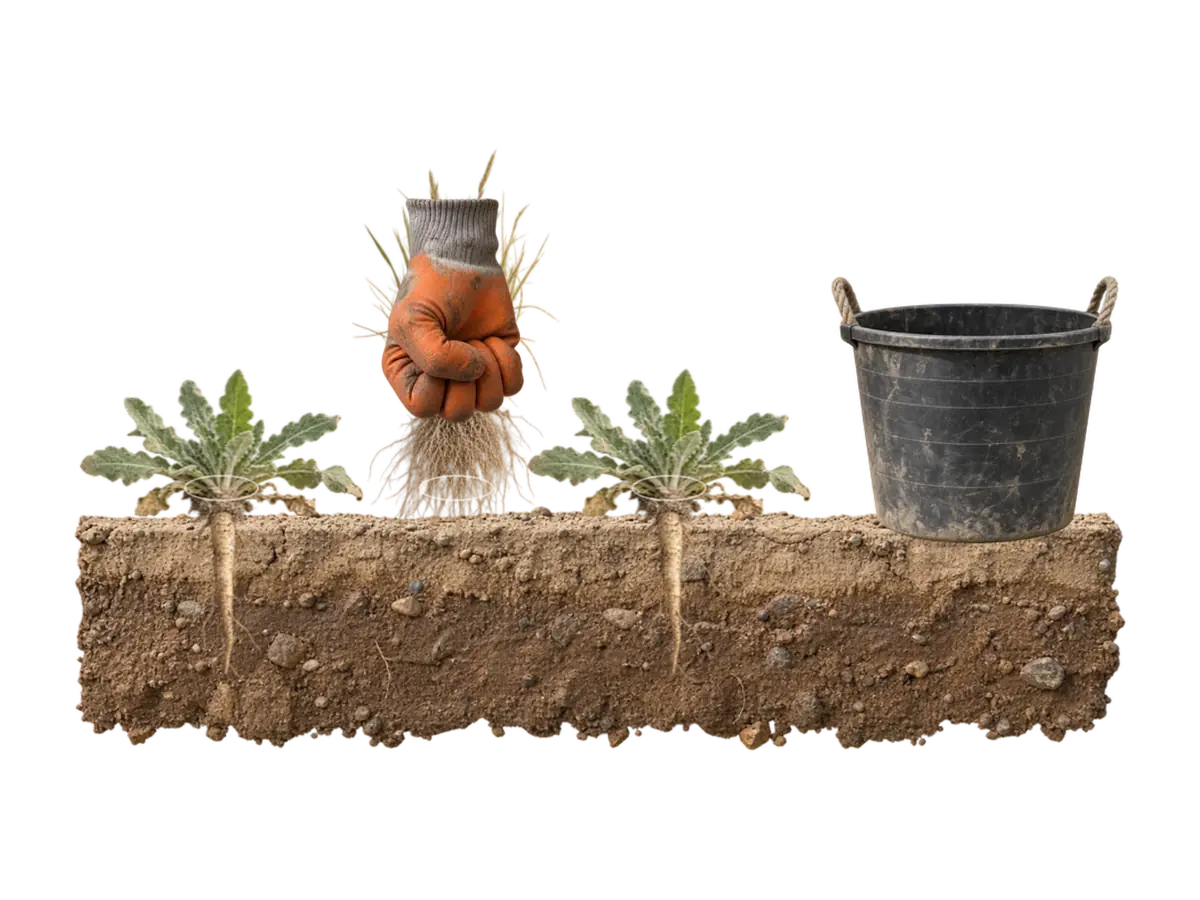 Cross-section of soil with weeds and roots, a gloved hand gripping one plant at the base