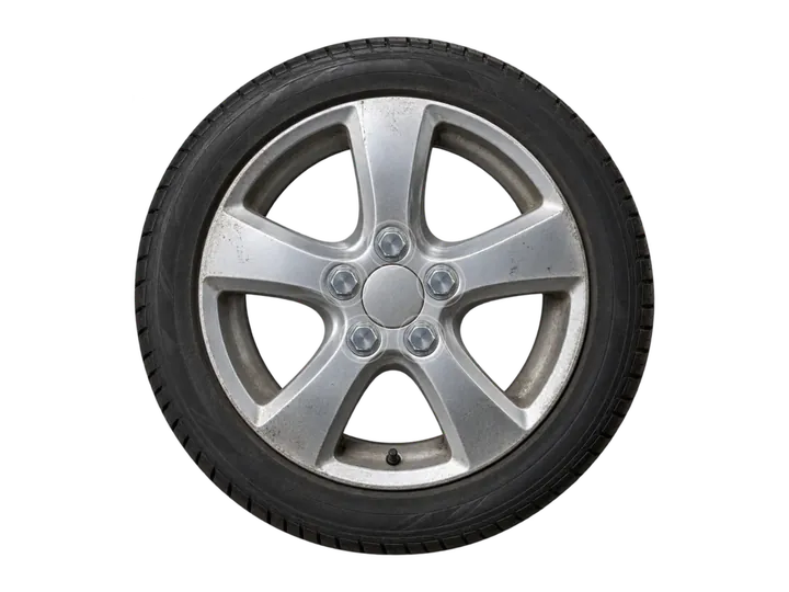 Alloy wheel with five lug nuts seen from the front