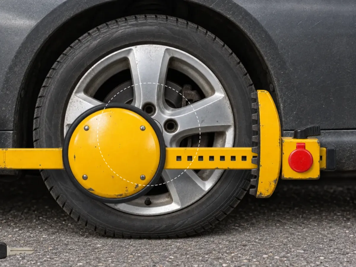 Yellow wheel clamp being pushed onto the alloy wheel of a parked car