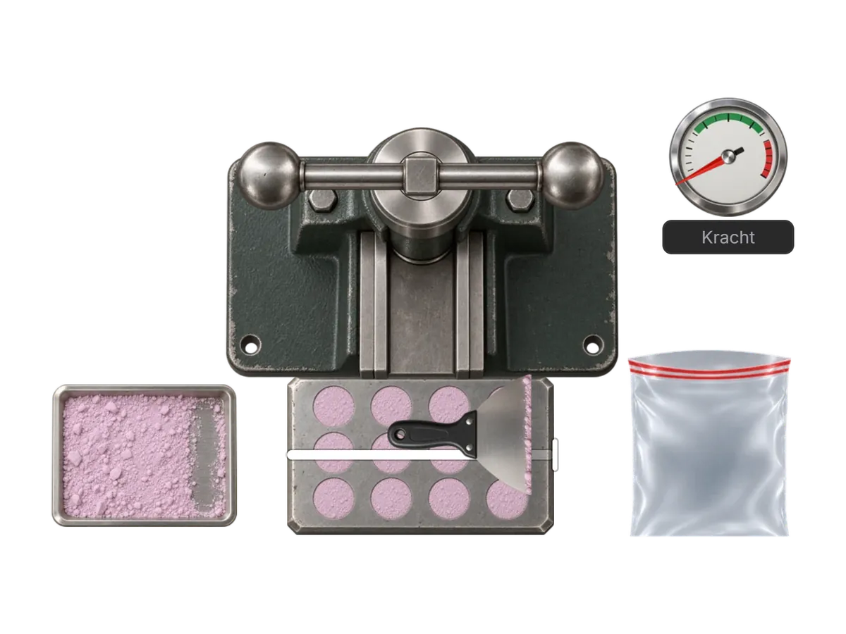 Scraper spreading lilac powder over a pill die below a green hand press with a force gauge