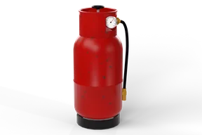 The signal red gas bottle with chipped paint, a black foot ring, an open collar with grip holes, a brass valve with a black handwheel and a regulator with a white gauge and a short hose to a brass coupling