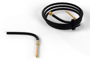 The fill hose coiled in three loops under a black strap, with a brass lance, knurled sleeve and hose clamp, beside a loose lance on a short length of hose