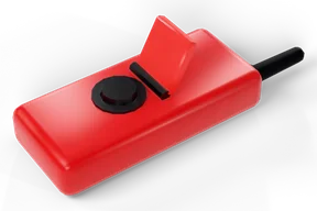 The glossy red remote with a black antenna and a black firing button under an open red safety flap