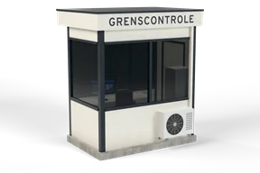 White border booth with tinted windows, a desk with a monitor inside, an air conditioning unit and a GRENSCONTROLE fascia