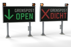 The roadside LED warning sign shown twice: GRENSPOST OPEN with a green arrow, and GRENSPOST DICHT with a red cross and one amber flasher lit