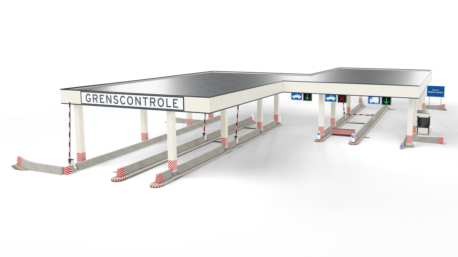 Studio render of the Los Santos Freeway border post: six inspection lanes under a white Z-shaped canopy, the booth, concrete dividers and one lane closed with its road blocker up and a red cross overhead