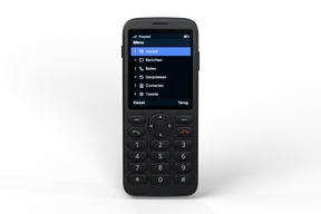 Front of the black burner phone: a lit menu listing Handel, Berichten, Bellen, Gesprekken, Contacten and Toestel above a navigation ring, call keys and a number pad