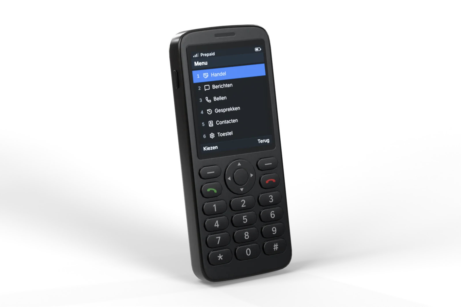 Studio render of the custom burner phone prop: a black prepaid handset with a lit menu screen, sixteen keys and a navigation ring