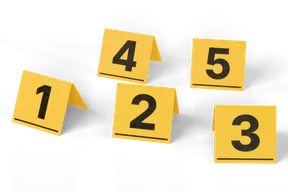 Five yellow tent markers numbered 1 to 5 in bold black figures, each with a line under the number