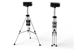 The ANPR tripod set up on three aluminium telescopic legs with a graphite camera head, a red infrared ring around the lens and a battery box with a blue and yellow band, beside the same tripod folded, the pose its inventory icon was made from