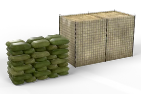 A two-cell Hesco wall of steel mesh lined with beige fabric and filled with sand, beside an olive and khaki sandbag wall laid in a staggered bond