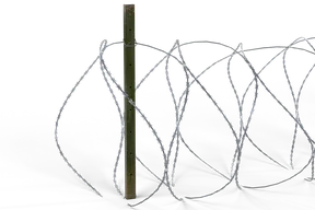Close-up of one end of the concertina roll: loops of galvanised razor tape held by steel clips and wired to an olive green U-post