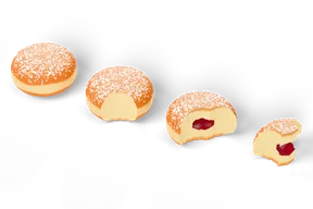 Four Berliners dusted with powdered sugar in a diagonal row: whole, with one bite taken, half eaten with red jam showing, and the last piece