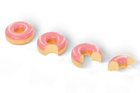 Four pink-glazed donuts in a diagonal row: whole, with one bite taken, half eaten and the last piece