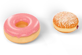 A whole pink-glazed donut with light speckles beside a whole Berliner with powdered sugar and a drop of jam at its side