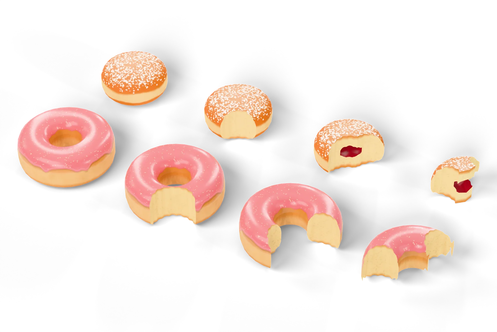 Donut and Berliner bite stages, studio render of the custom 3D model