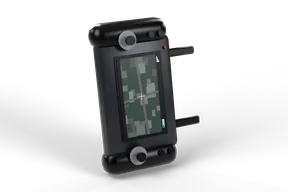 Black handheld drone controller with two sticks, two antennas and a lit map screen