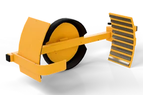 The yellow wheel clamp from the tyre side: the shoe and the hook that reaches behind the tyre at one end, the claw with nine steel teeth on the sliding block at the other, and the disc with its black rubber skirt in between