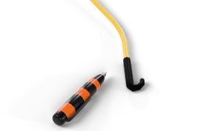 The window punch, a short grip striped black and orange with a steel point, beside the black rubber hook at the end of the yellow reach tool