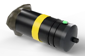 The GPS tag: a black cylinder with a yellow band, a green LED near the tail and a lumpy glue head at the front