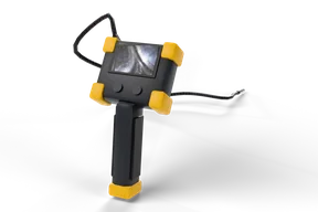 Handheld inspection camera with yellow corner bumpers, a lit screen showing the inside of a drilled hole and a long gooseneck ending in a chrome camera head