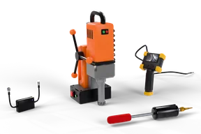 The heist kit together: orange magnetic core drill, a handheld inspection camera with a gooseneck, a slide hammer with a red grip and a small black video loop box with two BNC cables