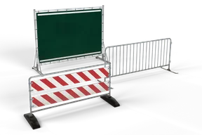 A red and white striped barrier in front of a galvanised crowd barrier and a green accident screen on a steel frame