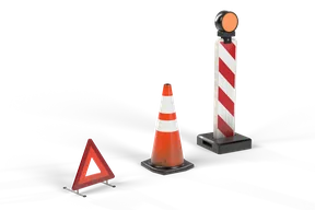 A warning triangle, a 75 cm orange cone with white reflective bands and a red-white striped beacon with an amber lamp