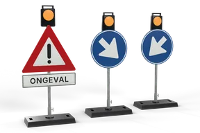 Three mobile signs with amber lamps lit as at night: a red warning triangle with an ONGEVAL plate and two blue keep-right and keep-left arrow boards